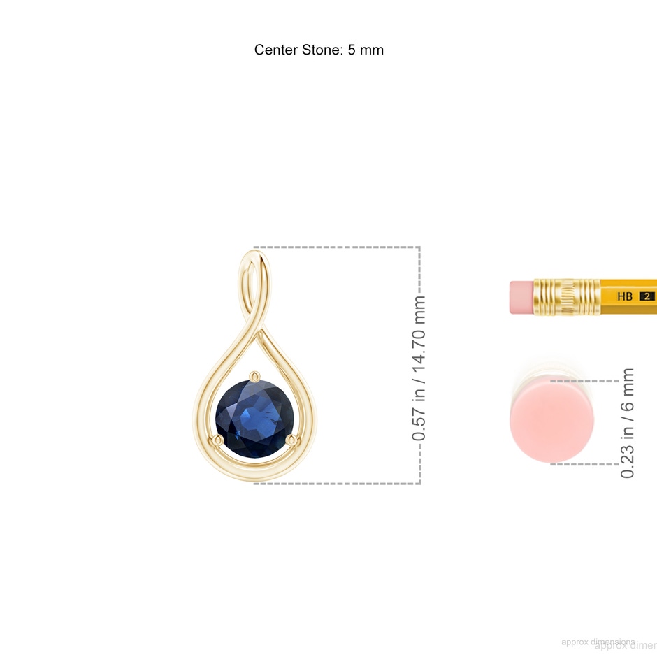 5mm AA Solitaire Round Sapphire Infinity Twist Pendant in Yellow Gold ruler