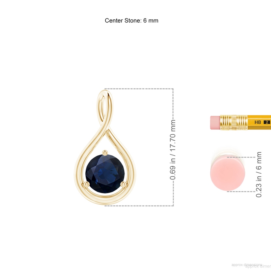 6mm A Solitaire Round Sapphire Infinity Twist Pendant in 18K Yellow Gold ruler