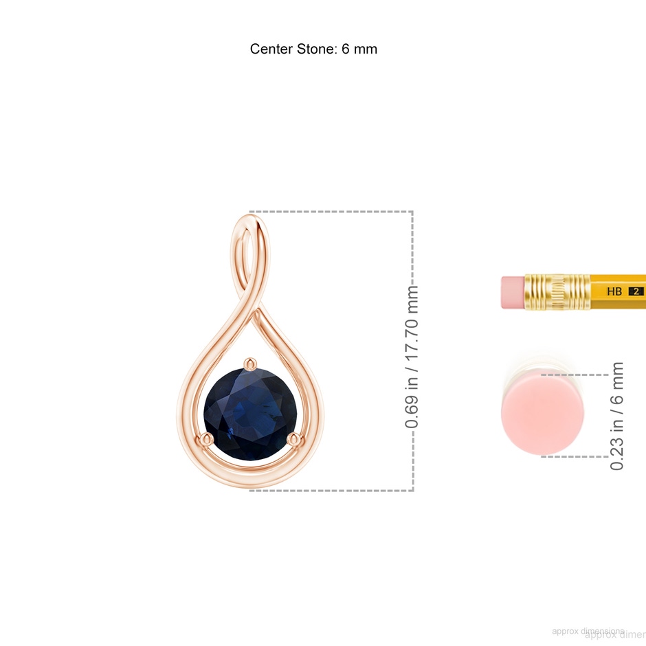 6mm A Solitaire Round Sapphire Infinity Twist Pendant in Rose Gold ruler