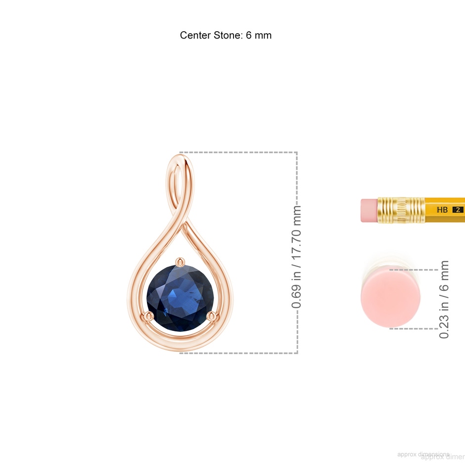 6mm AA Solitaire Round Sapphire Infinity Twist Pendant in Rose Gold ruler