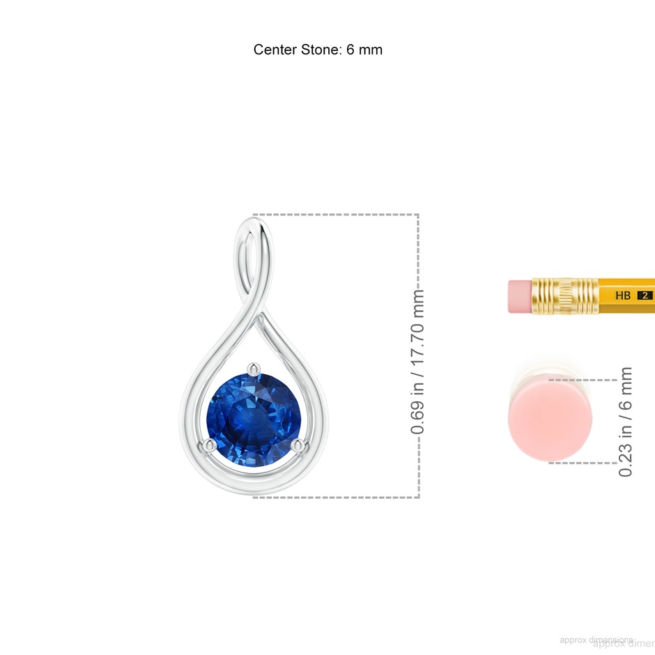 6mm AAA Solitaire Round Sapphire Infinity Twist Pendant in White Gold ruler