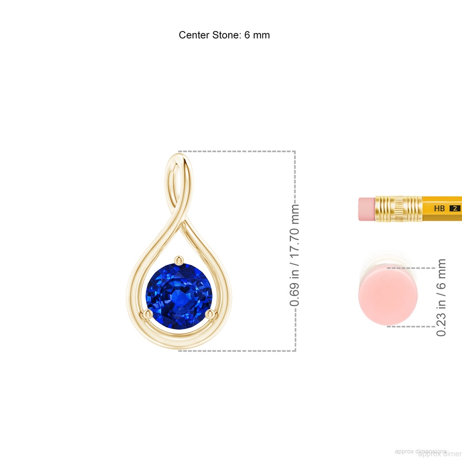 6mm AAAA Solitaire Round Sapphire Infinity Twist Pendant in Yellow Gold ruler