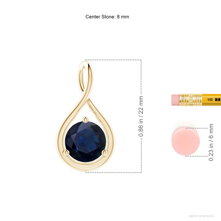 8mm A Solitaire Round Sapphire Infinity Twist Pendant in Yellow Gold ruler