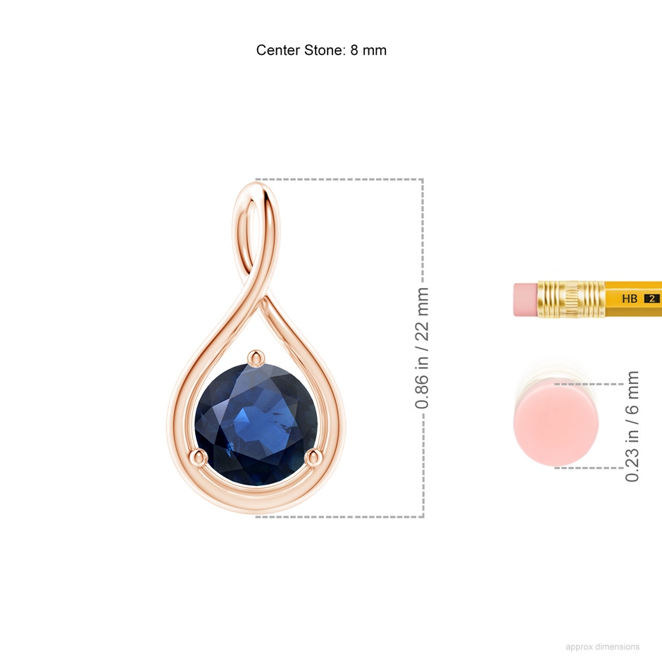 8mm AA Solitaire Round Sapphire Infinity Twist Pendant in Rose Gold ruler
