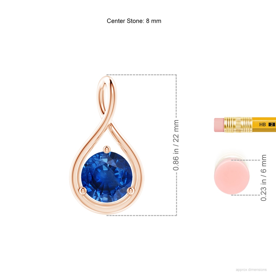 8mm AAA Solitaire Round Sapphire Infinity Twist Pendant in Rose Gold ruler