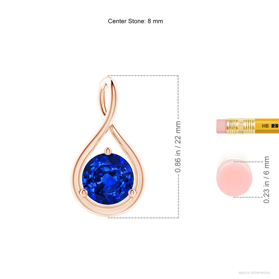 8mm AAAA Solitaire Round Sapphire Infinity Twist Pendant in Rose Gold ruler
