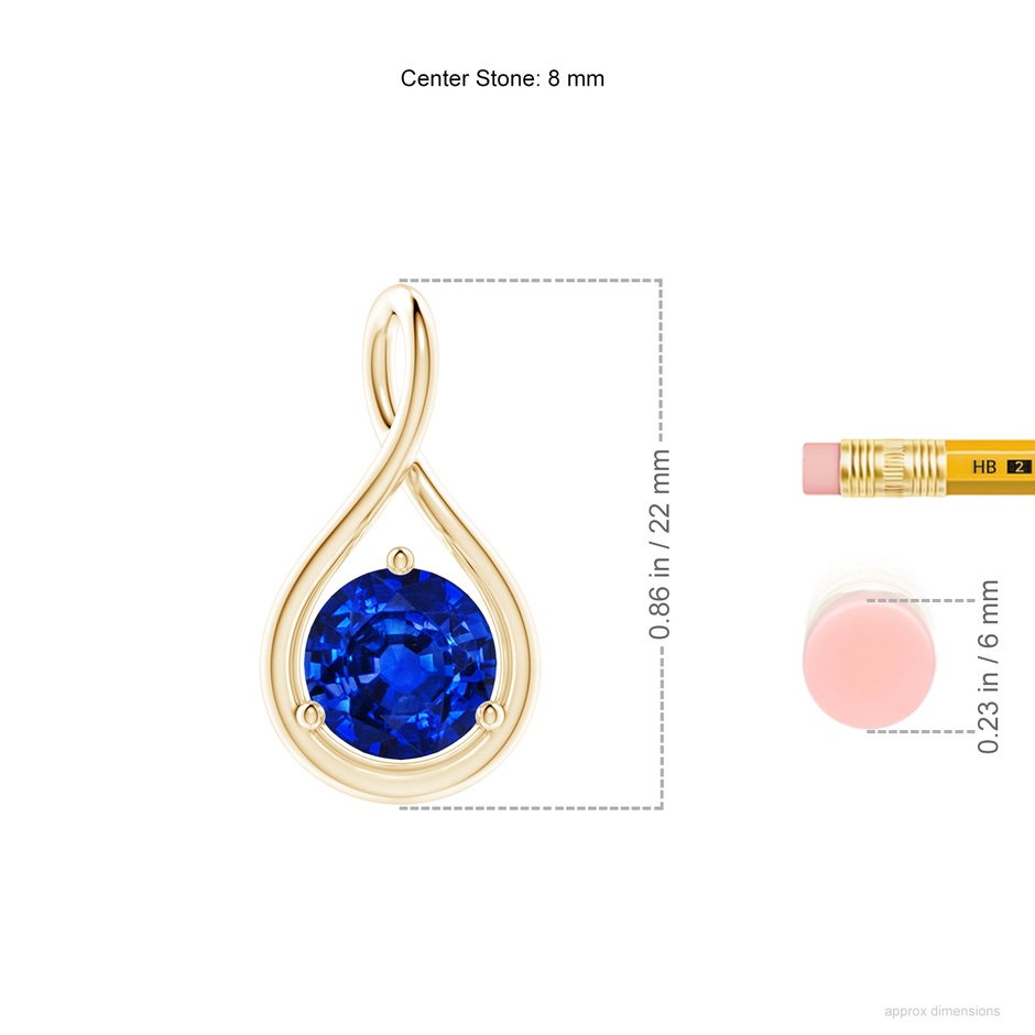 8mm AAAA Solitaire Round Sapphire Infinity Twist Pendant in Yellow Gold ruler