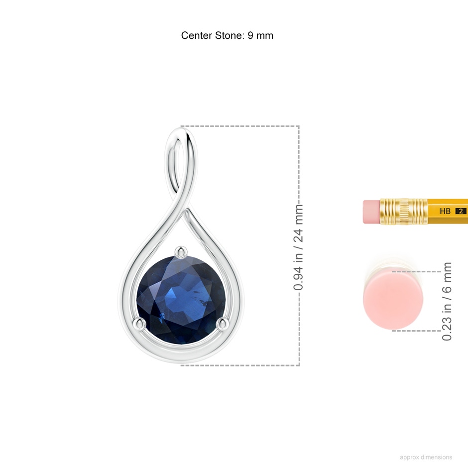 9mm AA Solitaire Round Sapphire Infinity Twist Pendant in S999 Silver ruler