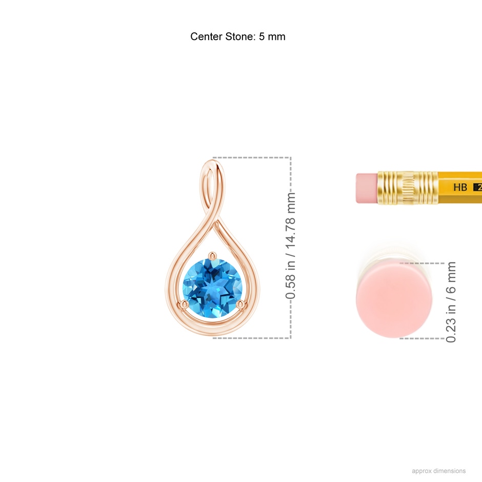 5mm AAA Solitaire Round Swiss Blue Topaz Infinity Twist Pendant in Rose Gold ruler