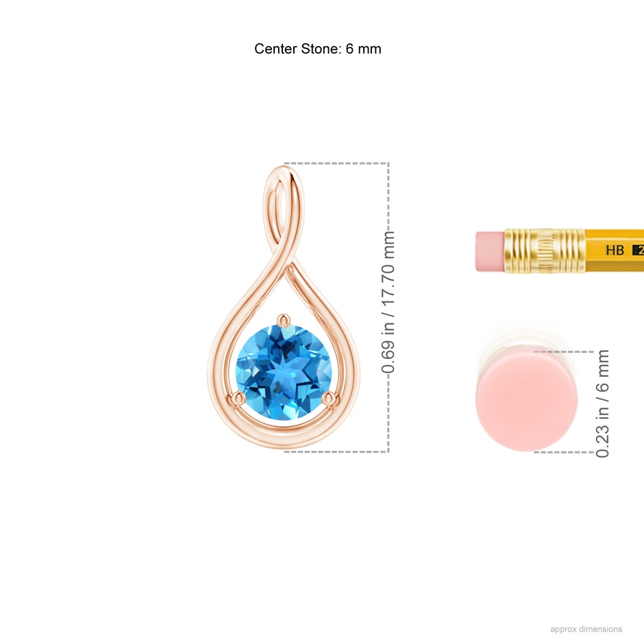 6mm AAA Solitaire Round Swiss Blue Topaz Infinity Twist Pendant in Rose Gold ruler