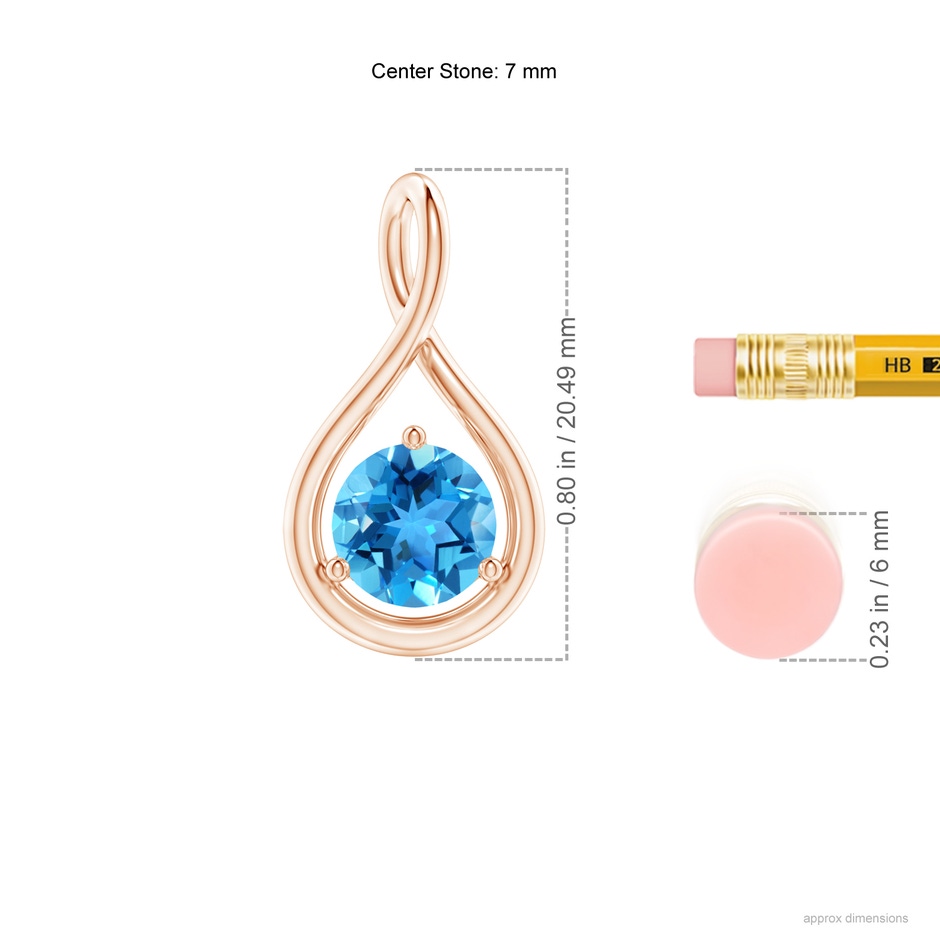 7mm AAA Solitaire Round Swiss Blue Topaz Infinity Twist Pendant in Rose Gold ruler