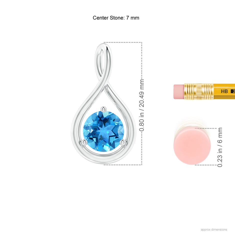 7mm AAA Solitaire Round Swiss Blue Topaz Infinity Twist Pendant in S999 Silver ruler