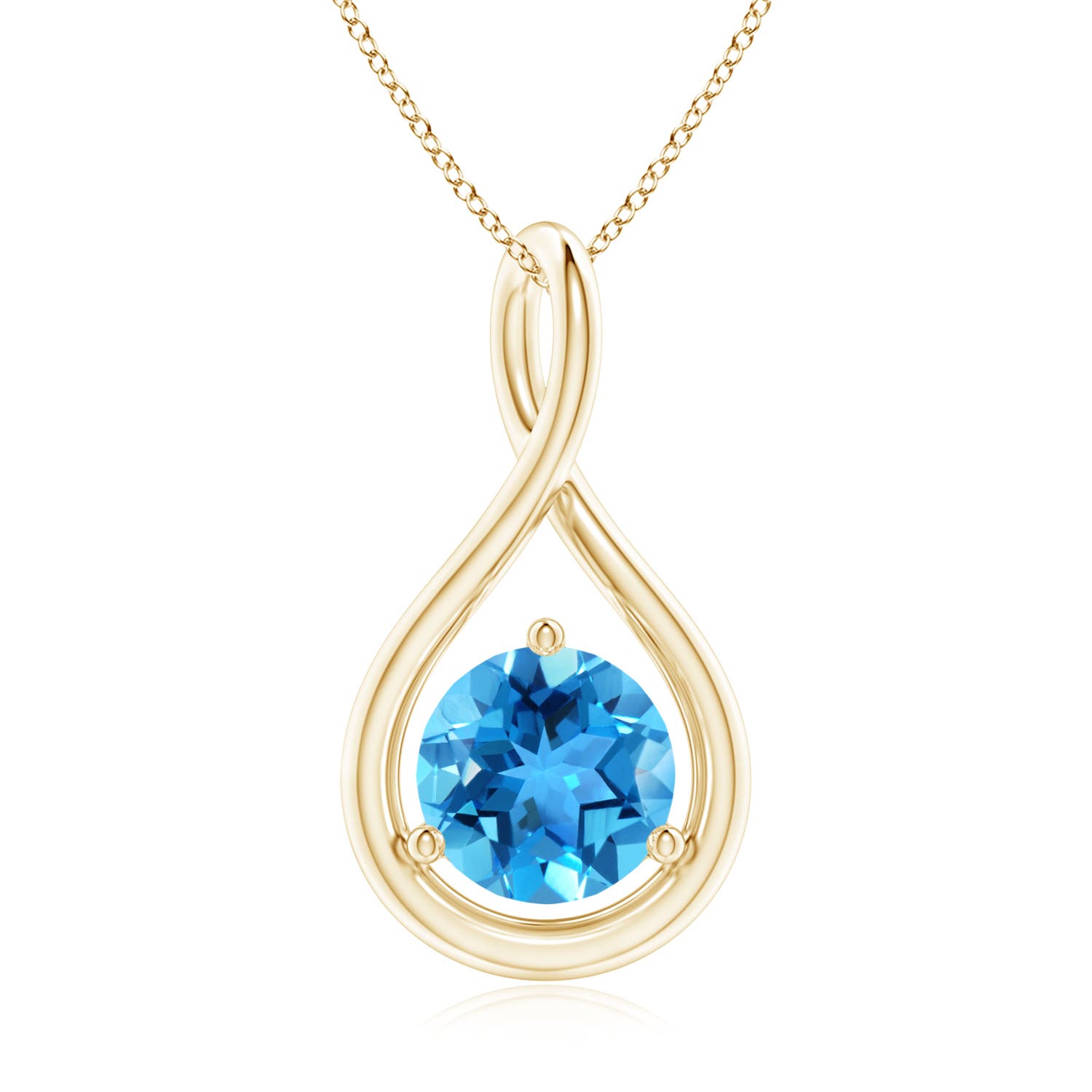 7mm AAA Solitaire Round Swiss Blue Topaz Infinity Twist Pendant in Yellow Gold