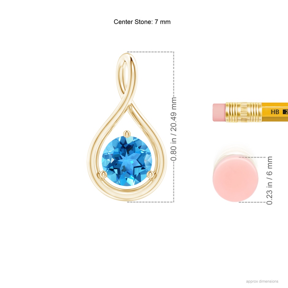 7mm AAA Solitaire Round Swiss Blue Topaz Infinity Twist Pendant in Yellow Gold ruler