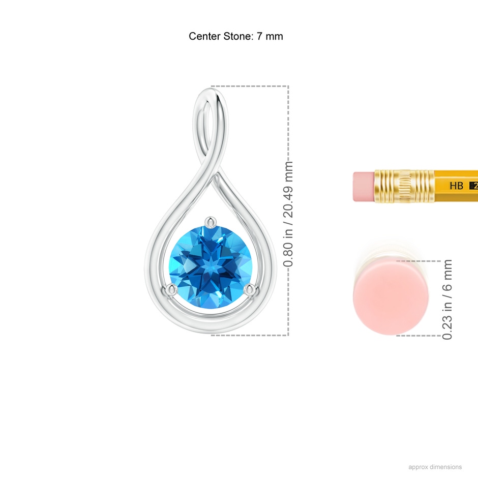 7mm AAAA Solitaire Round Swiss Blue Topaz Infinity Twist Pendant in S999 Silver ruler