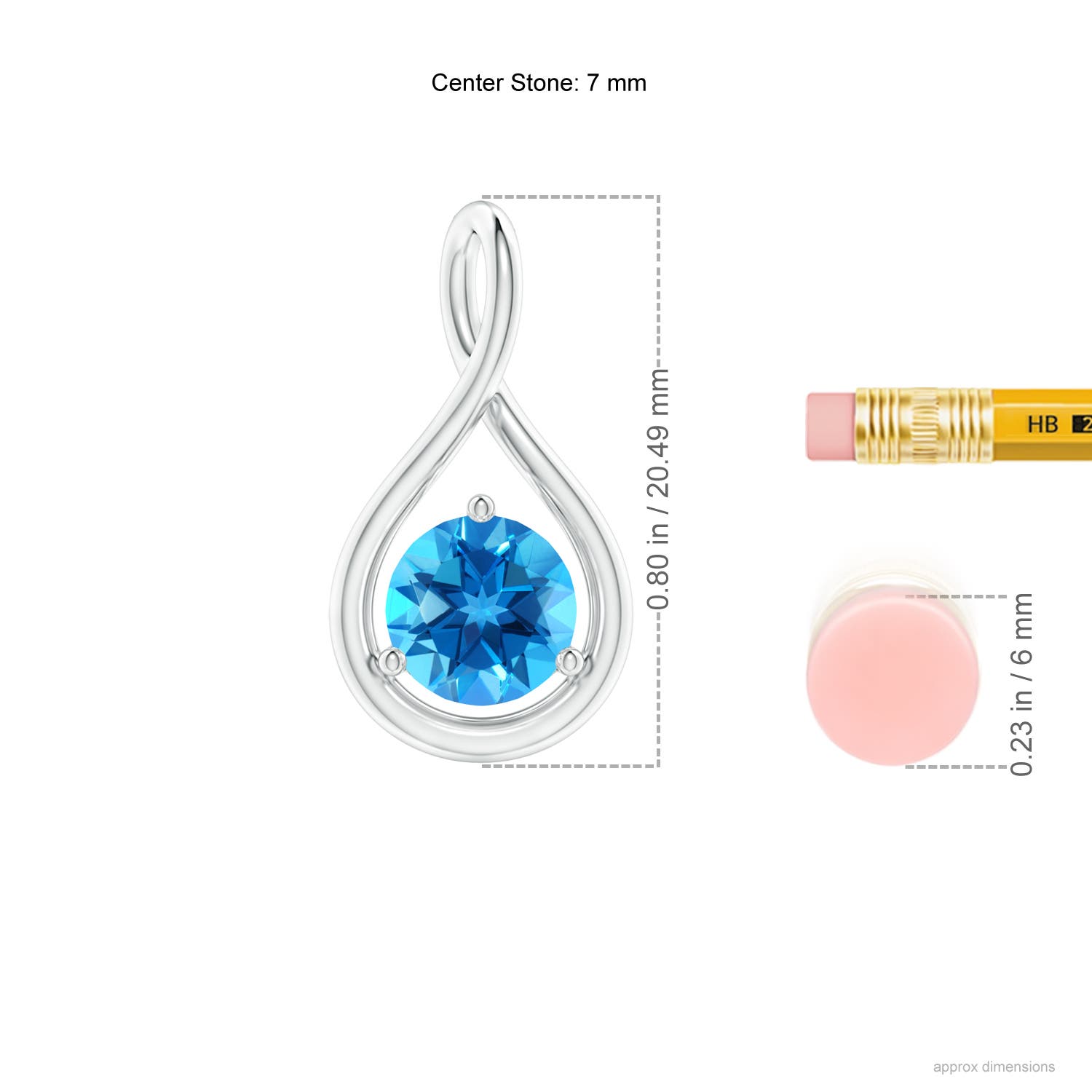 7mm AAAA Solitaire Round Swiss Blue Topaz Infinity Twist Pendant in White Gold - ruler