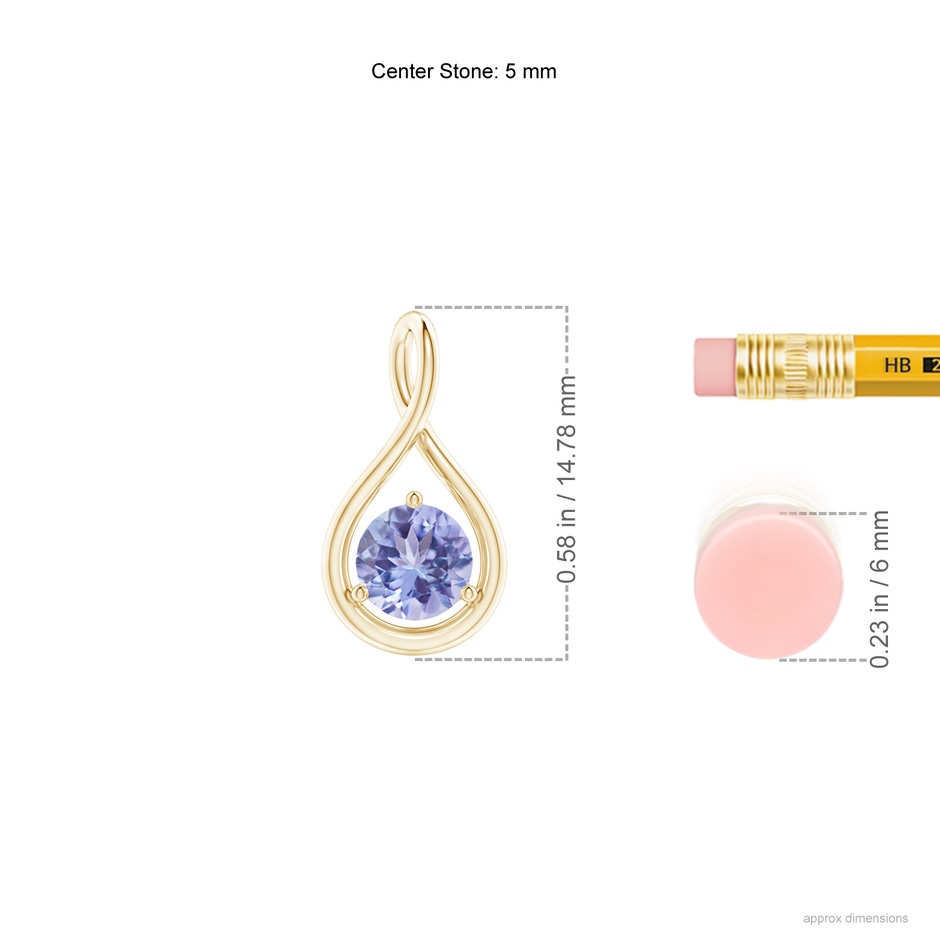 5mm AA Solitaire Round Tanzanite Infinity Twist Pendant in Yellow Gold ruler