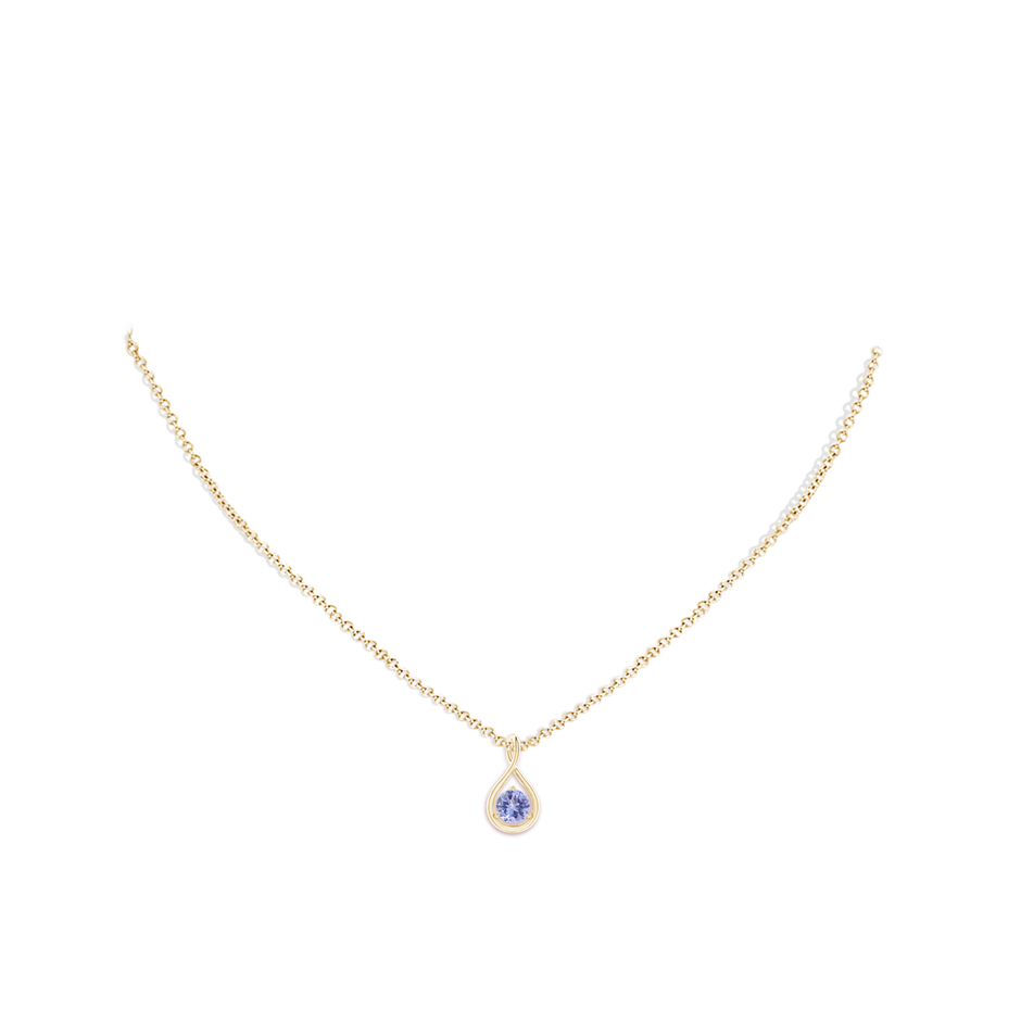 5mm AA Solitaire Round Tanzanite Infinity Twist Pendant in Yellow Gold pen