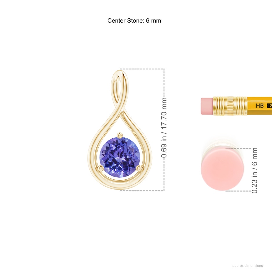 6mm AA Solitaire Round Tanzanite Infinity Twist Pendant in Yellow Gold ruler