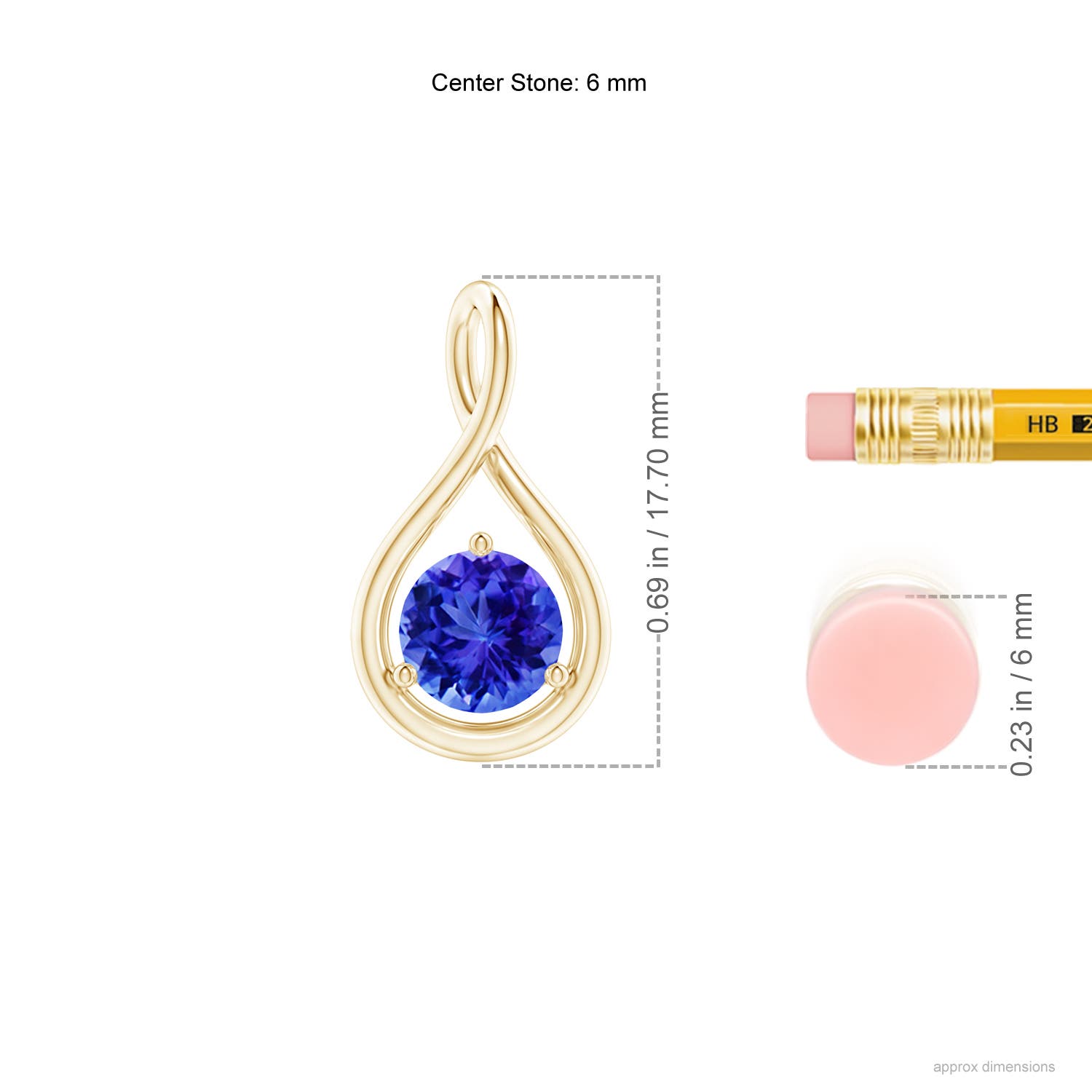 6mm AAA Solitaire Round Tanzanite Infinity Twist Pendant in Yellow Gold - ruler