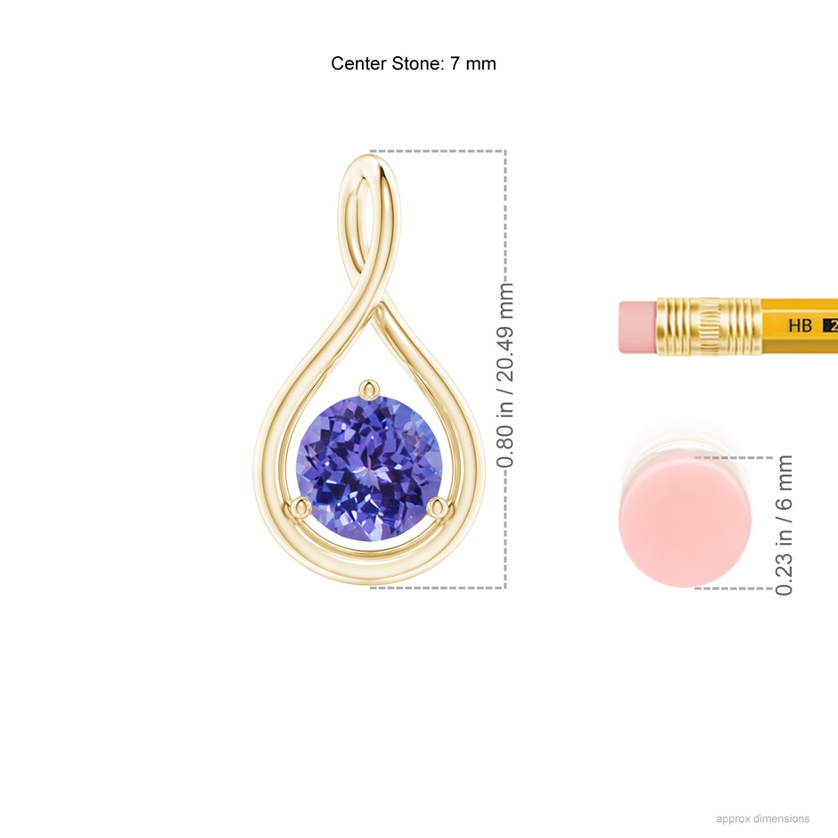 7mm AA Solitaire Round Tanzanite Infinity Twist Pendant in Yellow Gold ruler