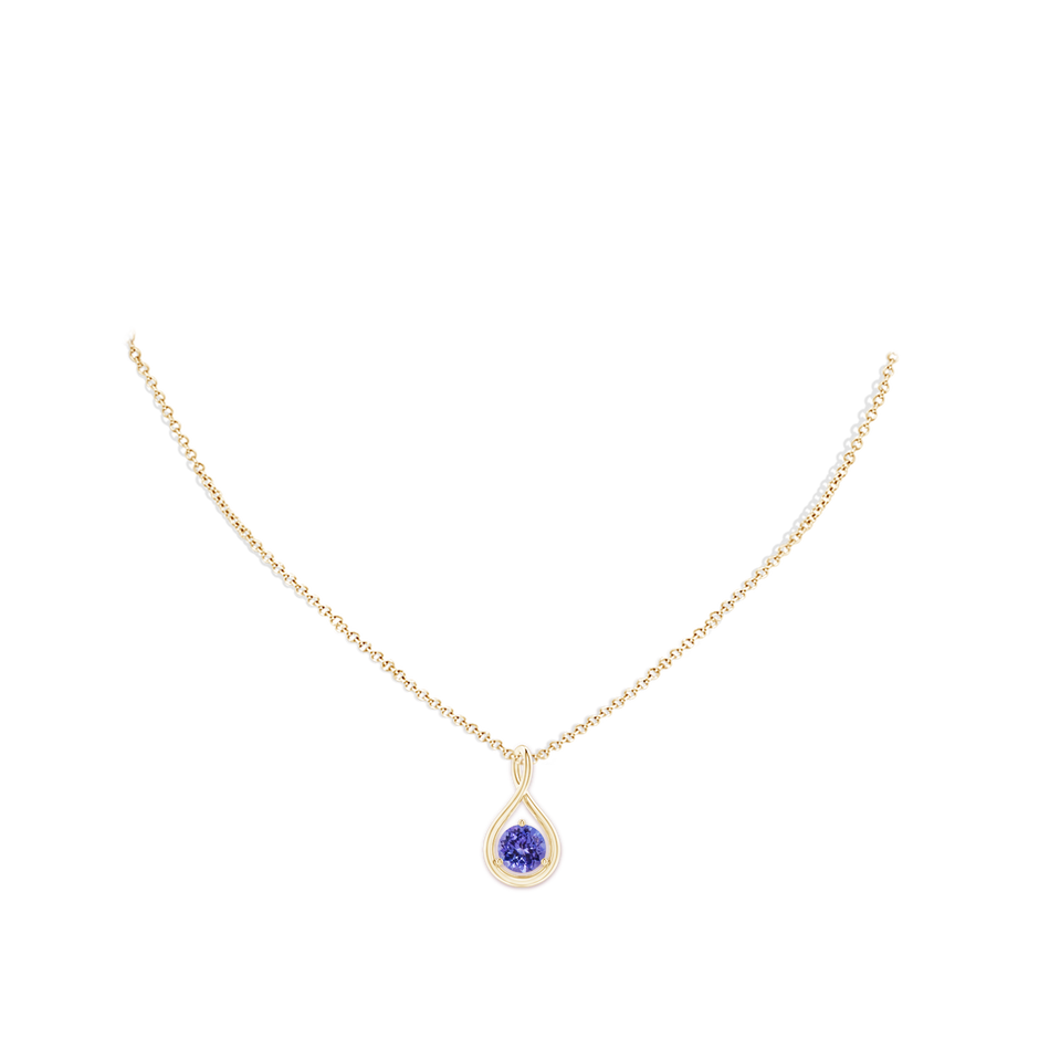 7mm AA Solitaire Round Tanzanite Infinity Twist Pendant in Yellow Gold pen