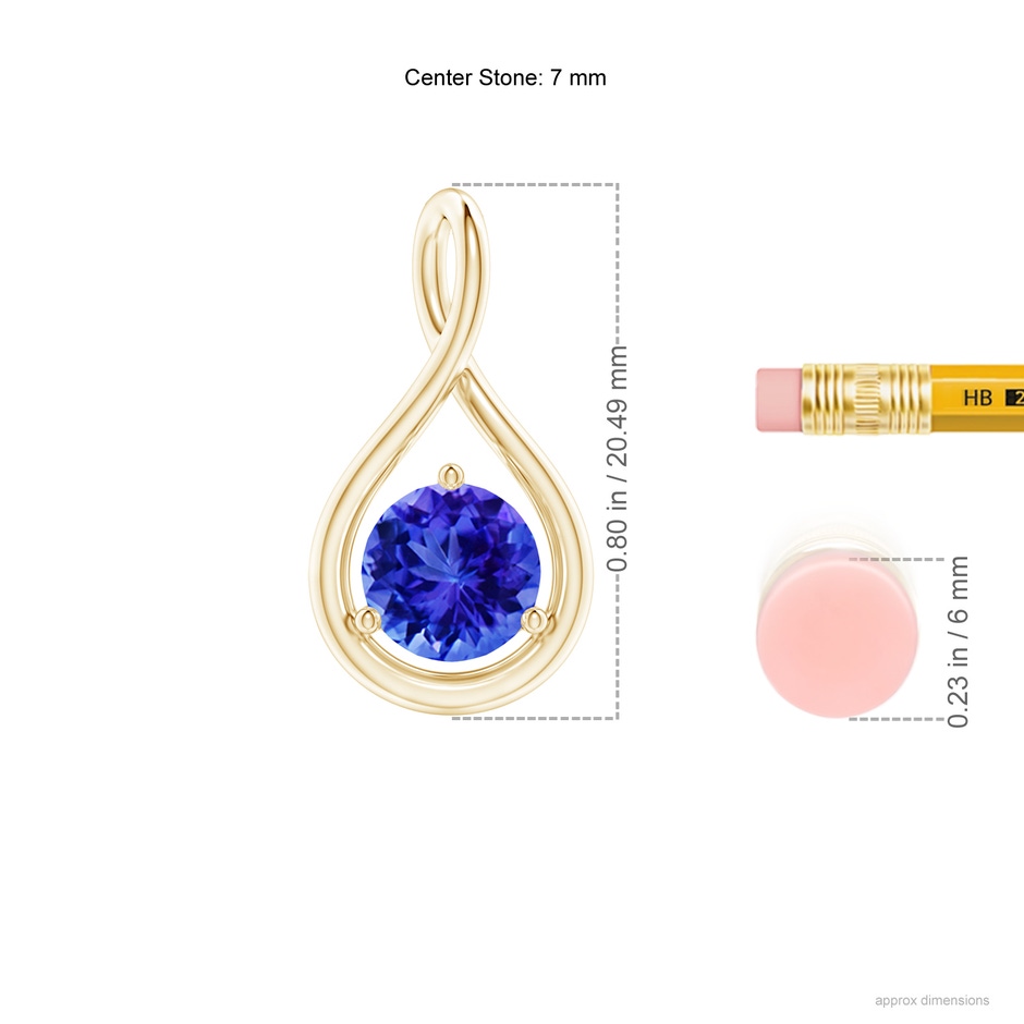 7mm AAA Solitaire Round Tanzanite Infinity Twist Pendant in 18K Yellow Gold ruler