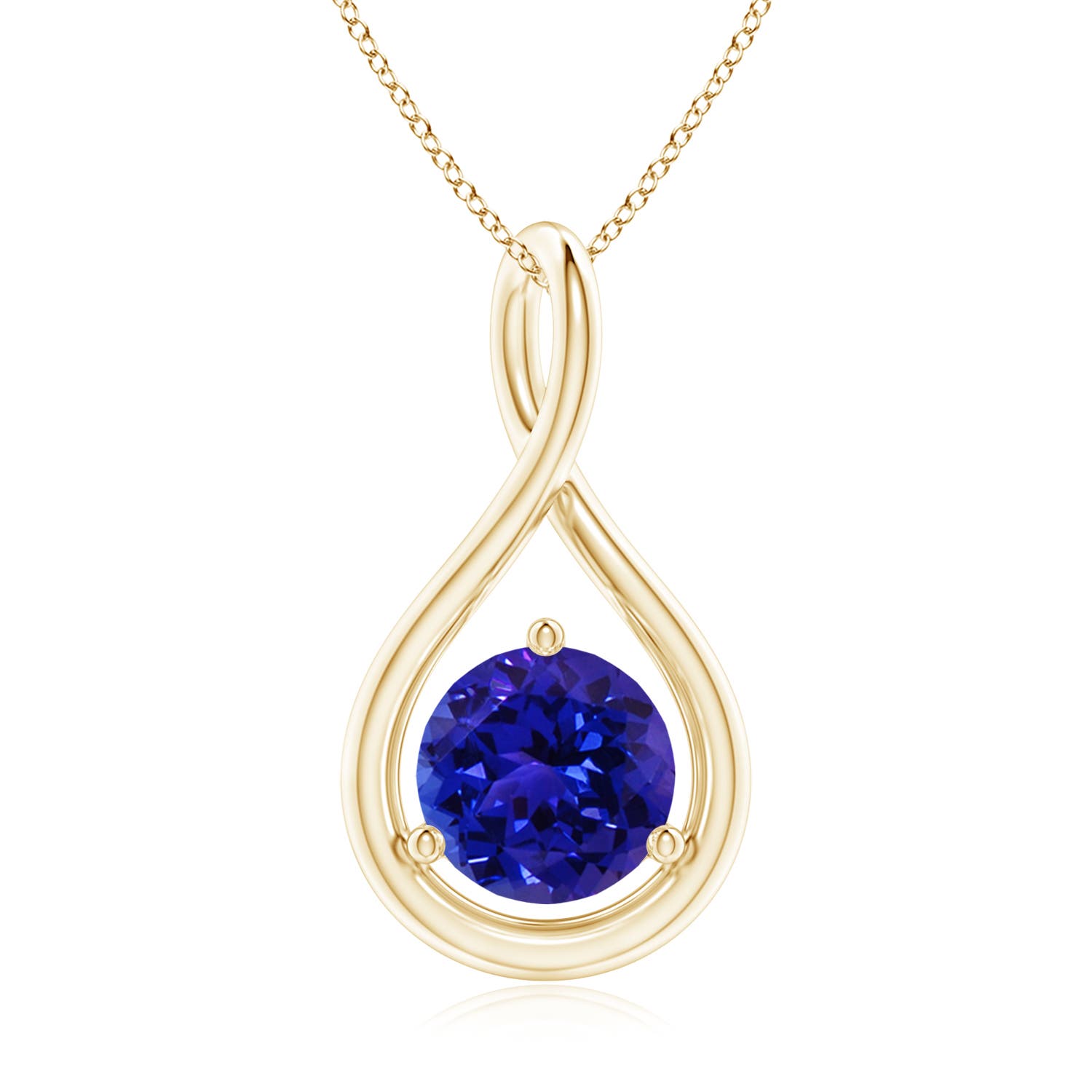 7mm AAAA Solitaire Round Tanzanite Infinity Twist Pendant in 18K Yellow Gold