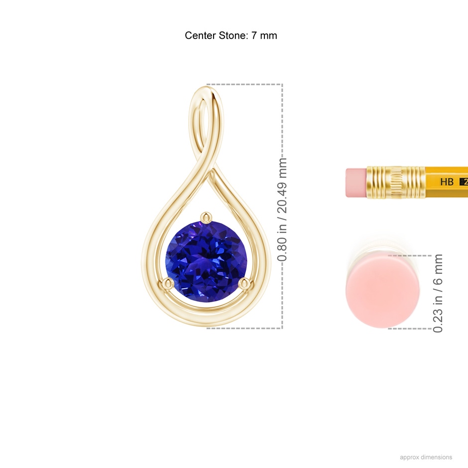 7mm AAAA Solitaire Round Tanzanite Infinity Twist Pendant in Yellow Gold ruler