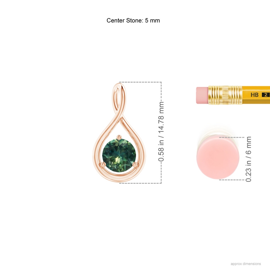 5mm AA Solitaire Round Teal Montana Sapphire Infinity Twist Pendant in Rose Gold ruler