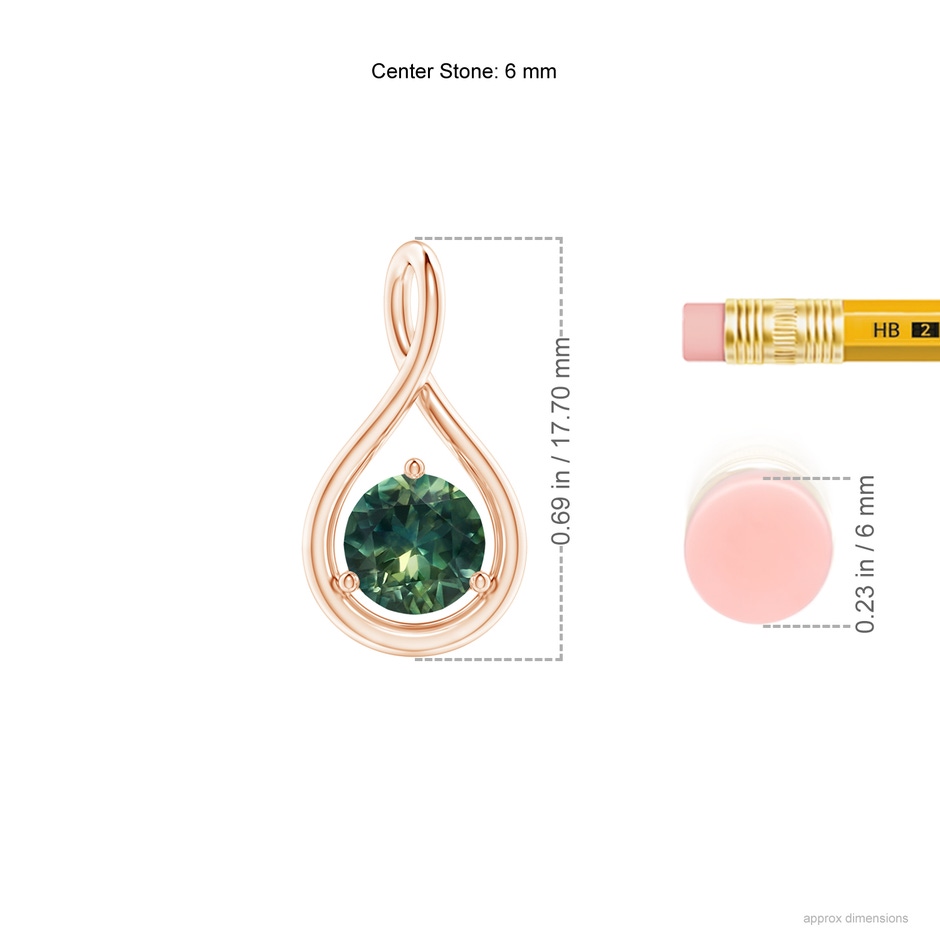 6mm AA Solitaire Round Teal Montana Sapphire Infinity Twist Pendant in Rose Gold ruler