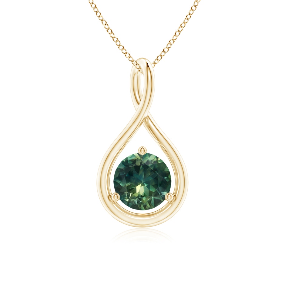 6mm AA Solitaire Round Teal Montana Sapphire Infinity Twist Pendant in Yellow Gold 