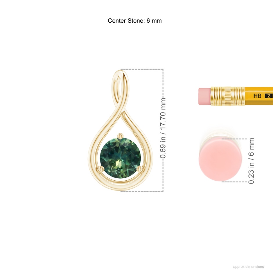 6mm AA Solitaire Round Teal Montana Sapphire Infinity Twist Pendant in Yellow Gold ruler
