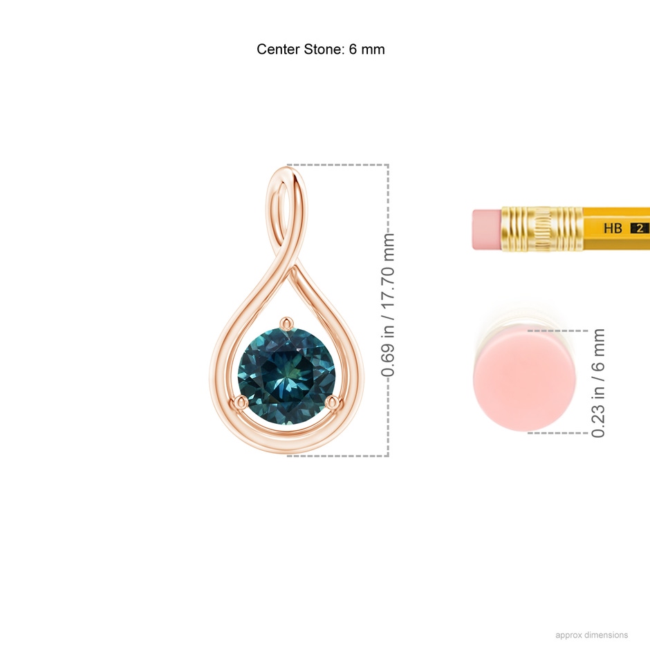 6mm AAA Solitaire Round Teal Montana Sapphire Infinity Twist Pendant in Rose Gold ruler