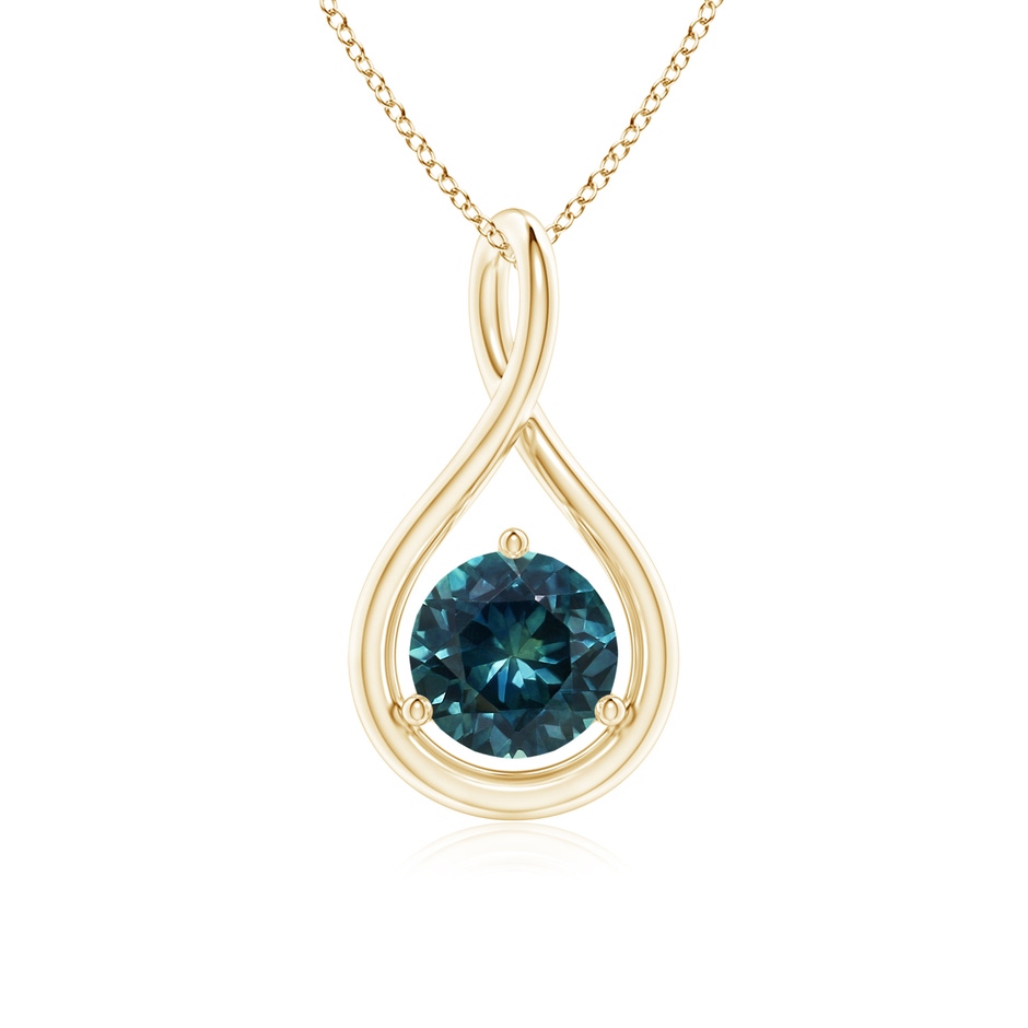 6mm AAA Solitaire Round Teal Montana Sapphire Infinity Twist Pendant in Yellow Gold 