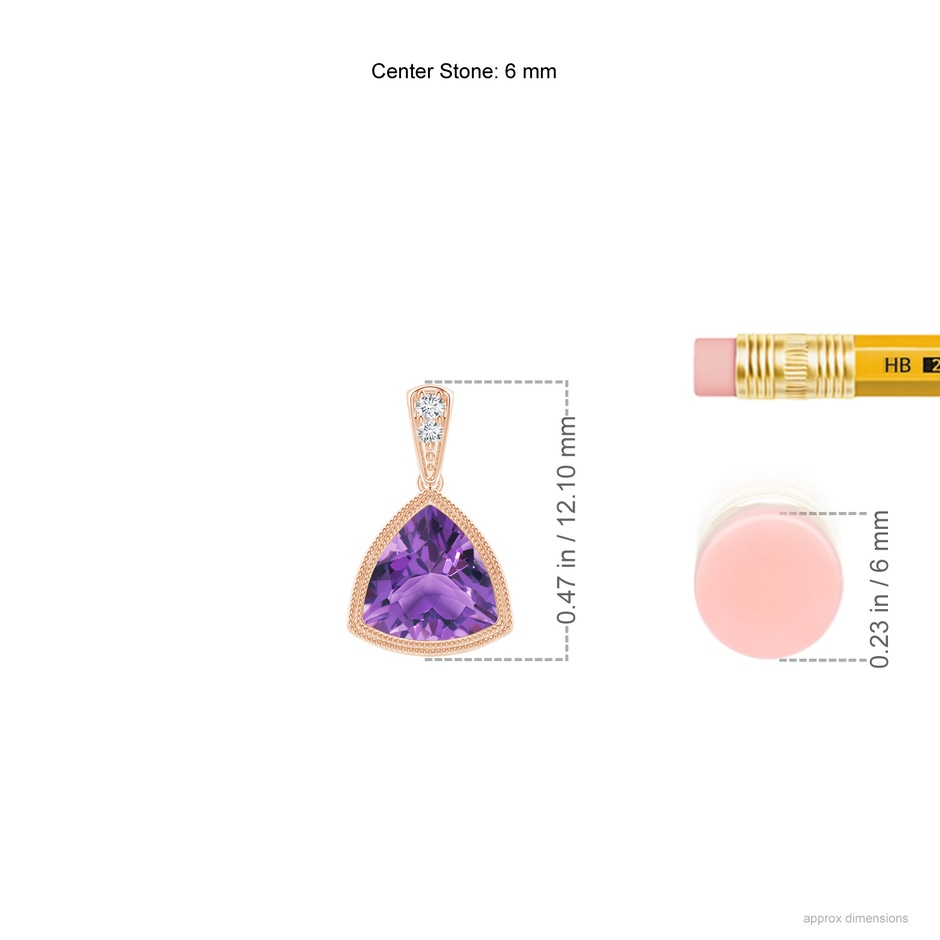6mm AA Bezel-Set Trillion Amethyst Pendant with Milgrain in Rose Gold ruler