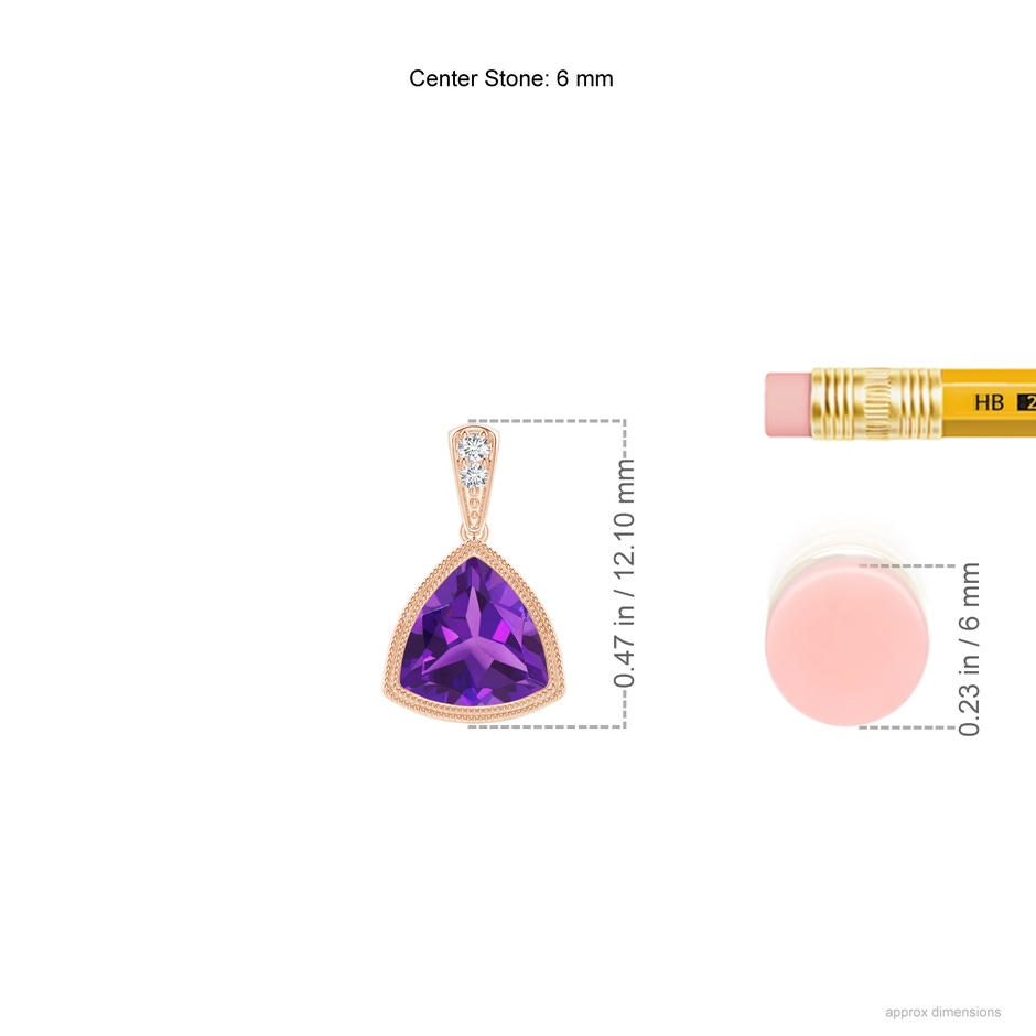 6mm AAAA Bezel-Set Trillion Amethyst Pendant with Milgrain in Rose Gold ruler