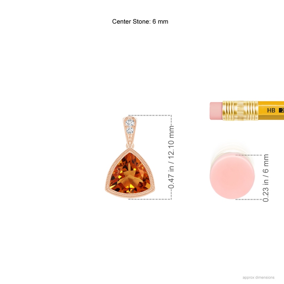 6mm AAAA Bezel-Set Trillion Citrine Pendant with Milgrain in Rose Gold ruler