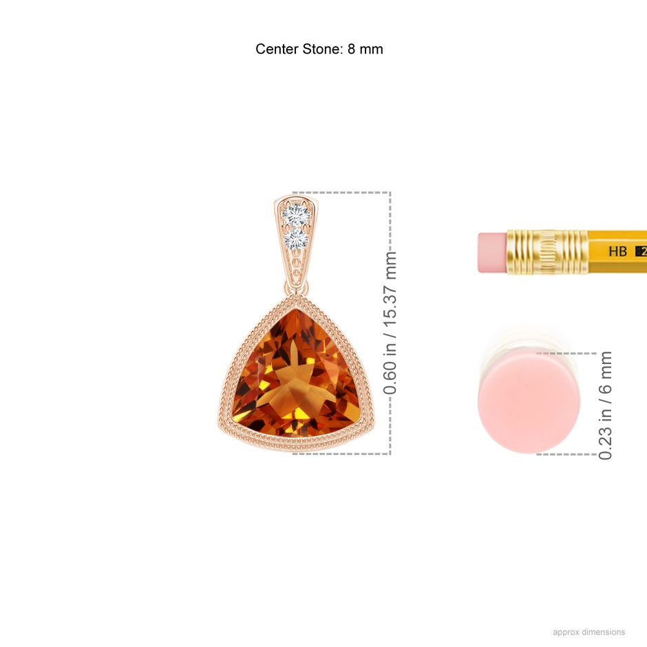 8mm AAAA Bezel-Set Trillion Citrine Pendant with Milgrain in Rose Gold ruler
