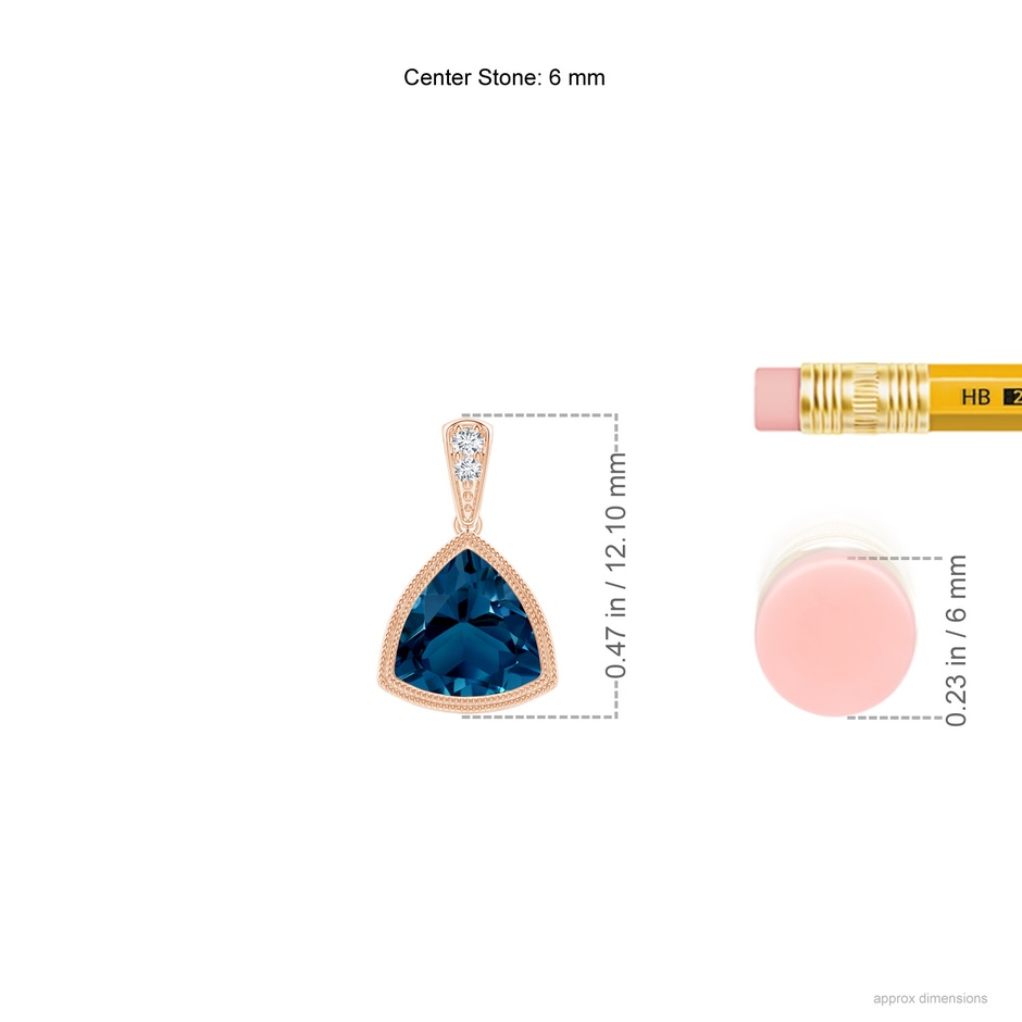 6mm AAAA Bezel-Set Trillion London Blue Topaz Pendant with Milgrain in Rose Gold ruler