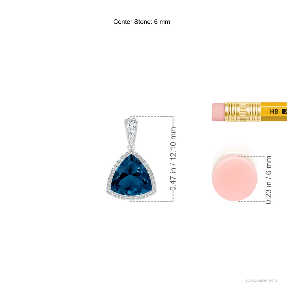 6mm AAAA Bezel-Set Trillion London Blue Topaz Pendant with Milgrain in White Gold ruler