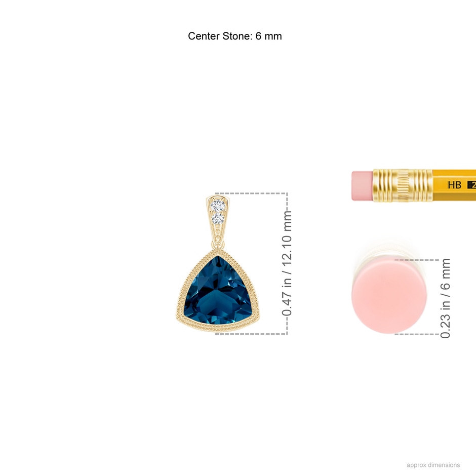 6mm AAAA Bezel-Set Trillion London Blue Topaz Pendant with Milgrain in Yellow Gold ruler