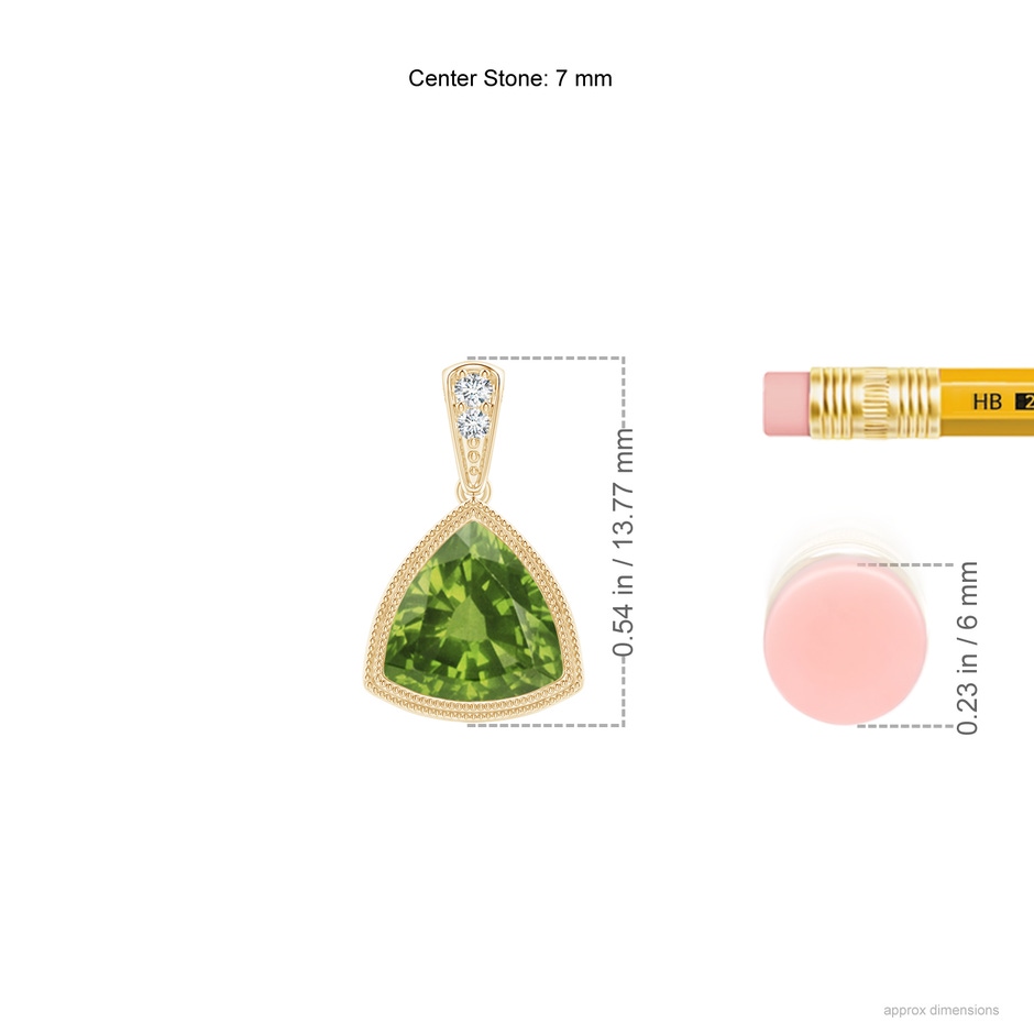 7mm AAAA Bezel-Set Trillion Peridot Pendant with Milgrain in Yellow Gold ruler