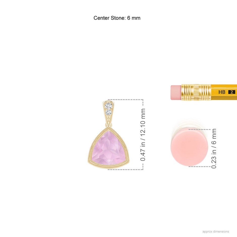 6mm AAAA Bezel-Set Trillion Rose Quartz Pendant with Milgrain in Yellow Gold ruler
