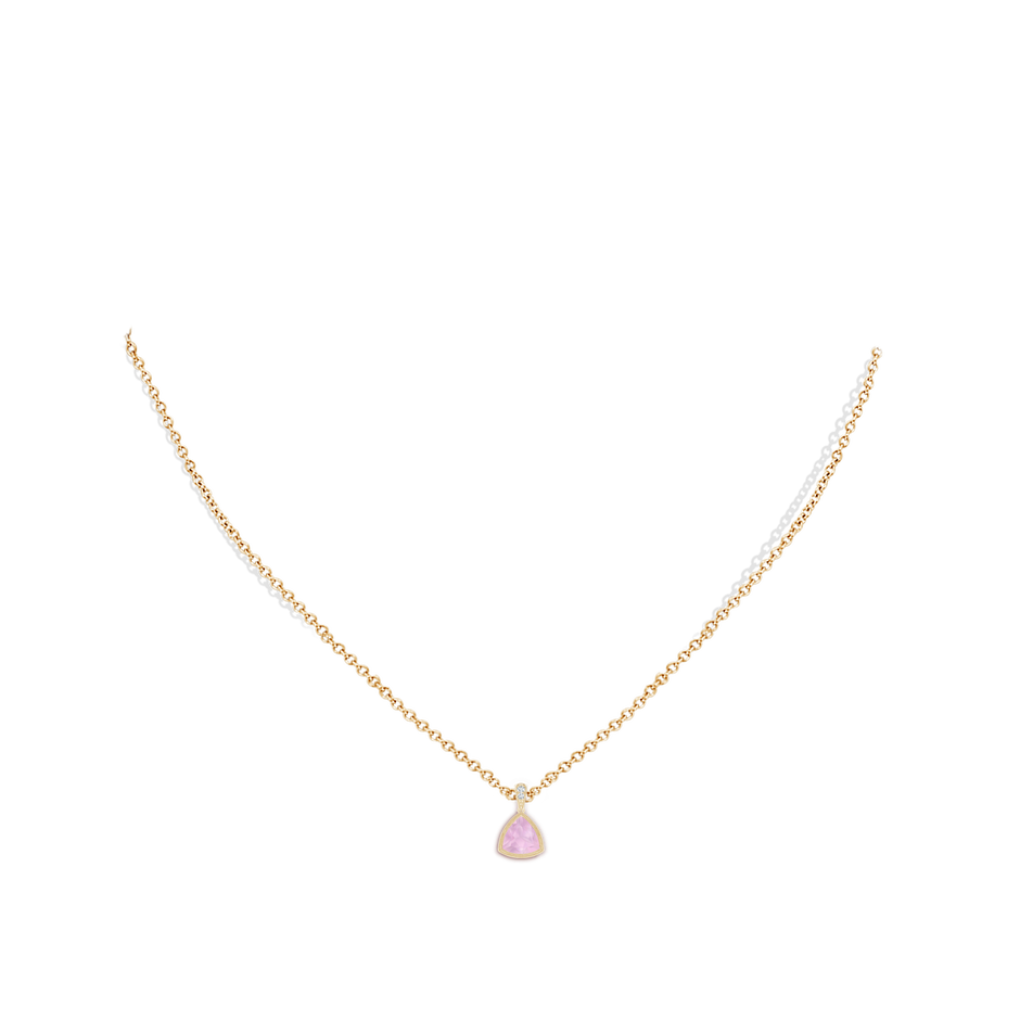 6mm AAAA Bezel-Set Trillion Rose Quartz Pendant with Milgrain in Yellow Gold body-neck