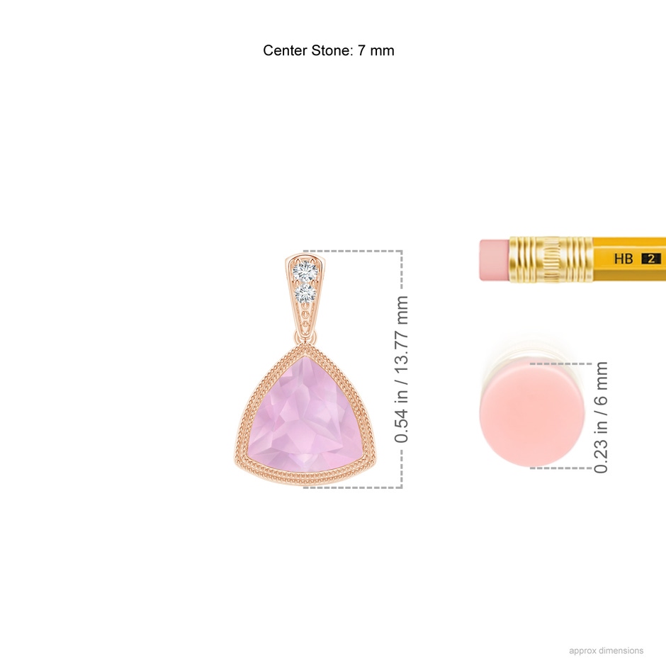 7mm AAAA Bezel-Set Trillion Rose Quartz Pendant with Milgrain in Rose Gold ruler