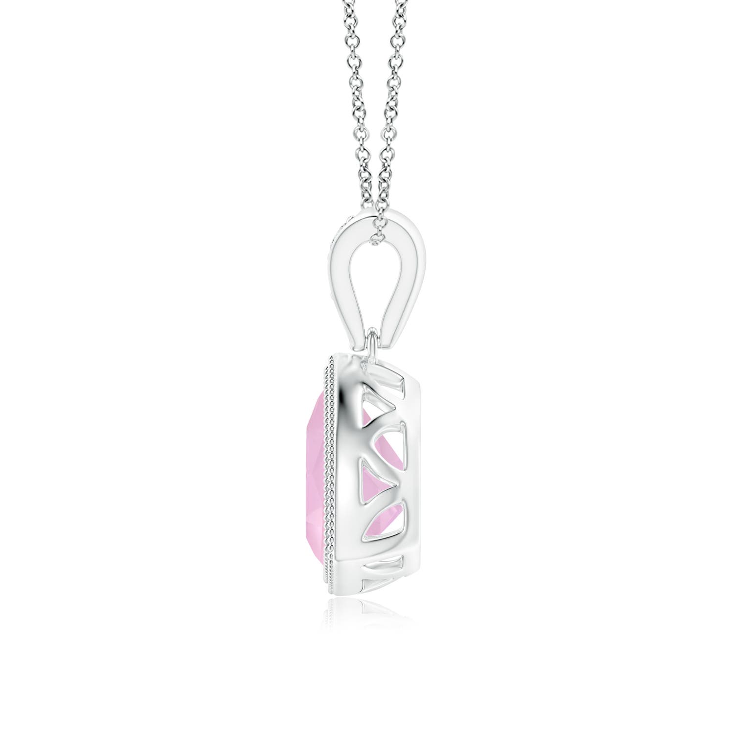 7mm AAAA Bezel-Set Trillion Rose Quartz Pendant with Milgrain in White Gold - side 2