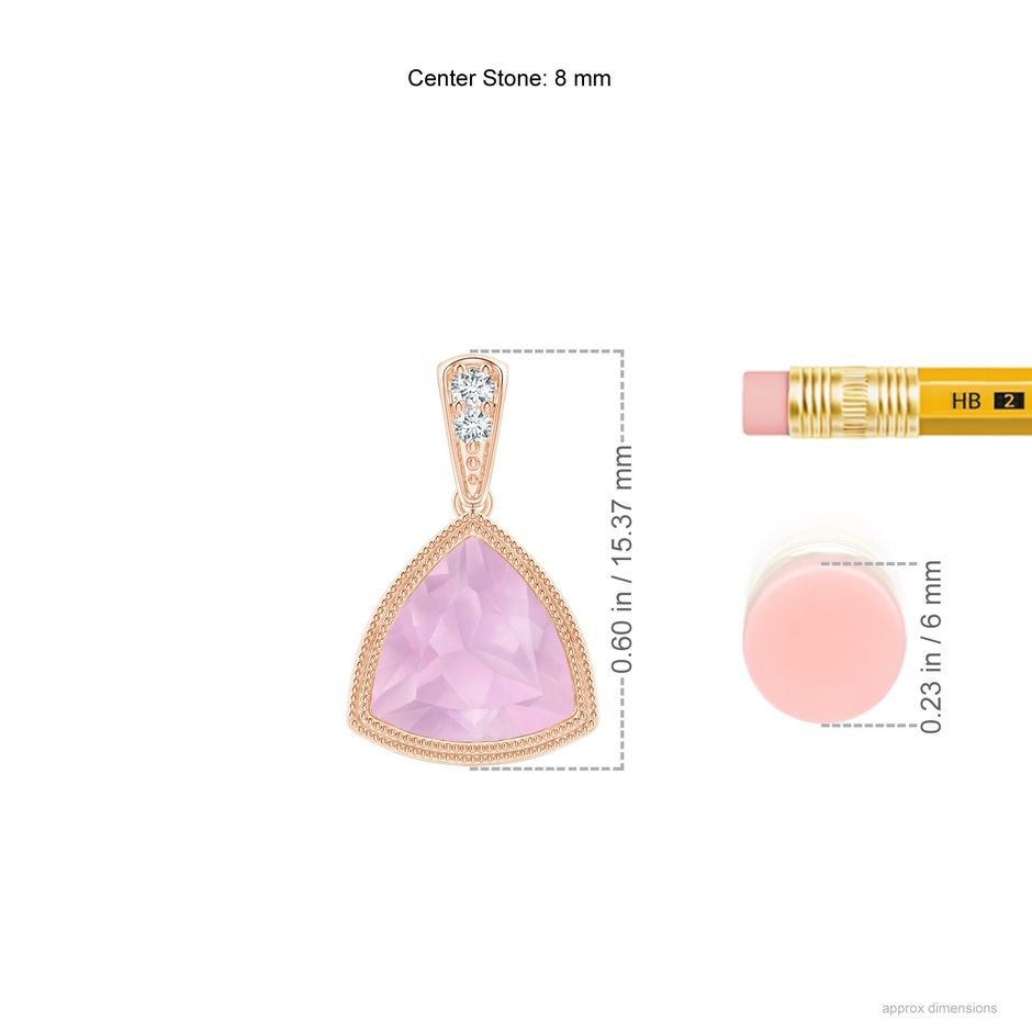 8mm AAAA Bezel-Set Trillion Rose Quartz Pendant with Milgrain in Rose Gold ruler