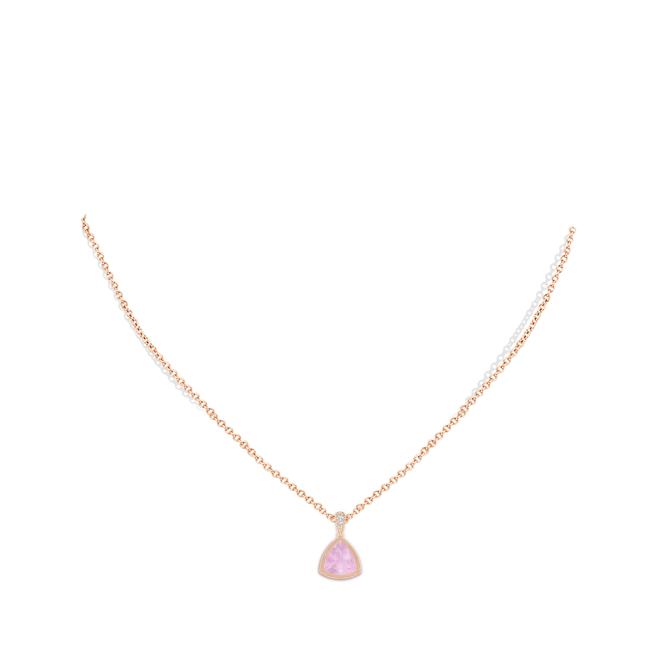 8mm AAAA Bezel-Set Trillion Rose Quartz Pendant with Milgrain in Rose Gold body-neck