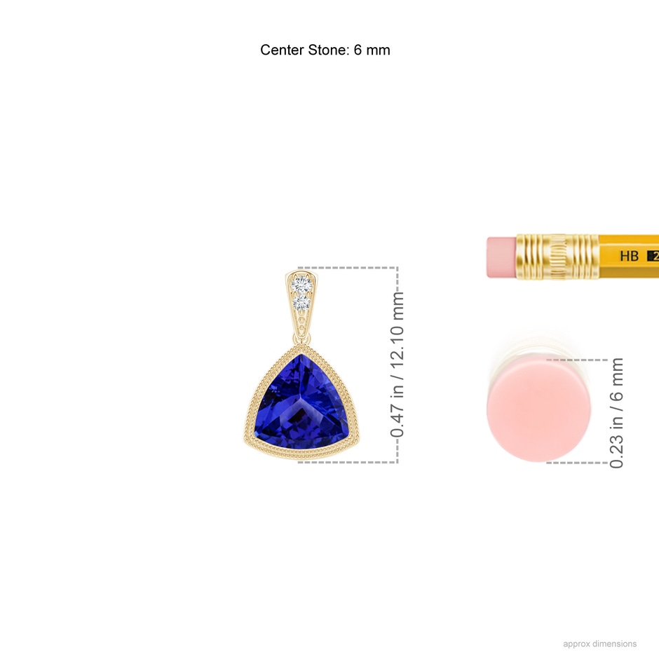 6mm AAAA Bezel-Set Trillion Tanzanite Pendant with Milgrain in Yellow Gold ruler